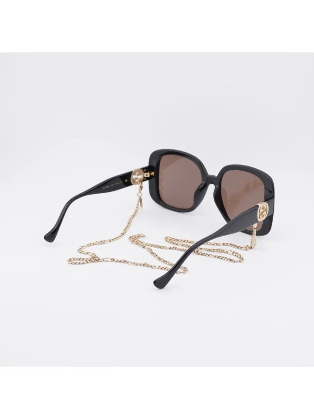 Gucci GG1029SA 005 Sunglasses Black with Gold Chain Square Frame, Brown Lenses